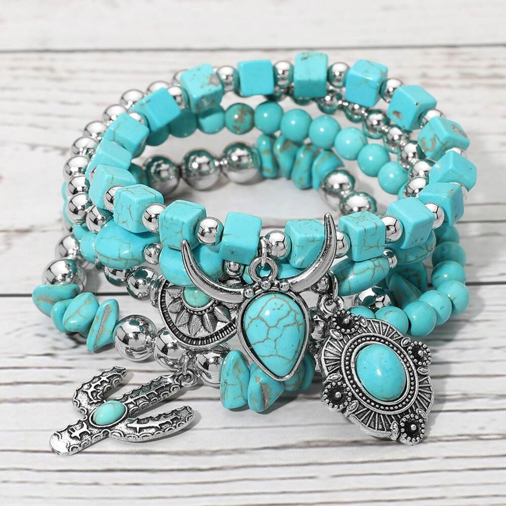 Turquoise Beaded Bohemian 4 Pcs MultiLayered Cactus Western Charm Bracelet Set
